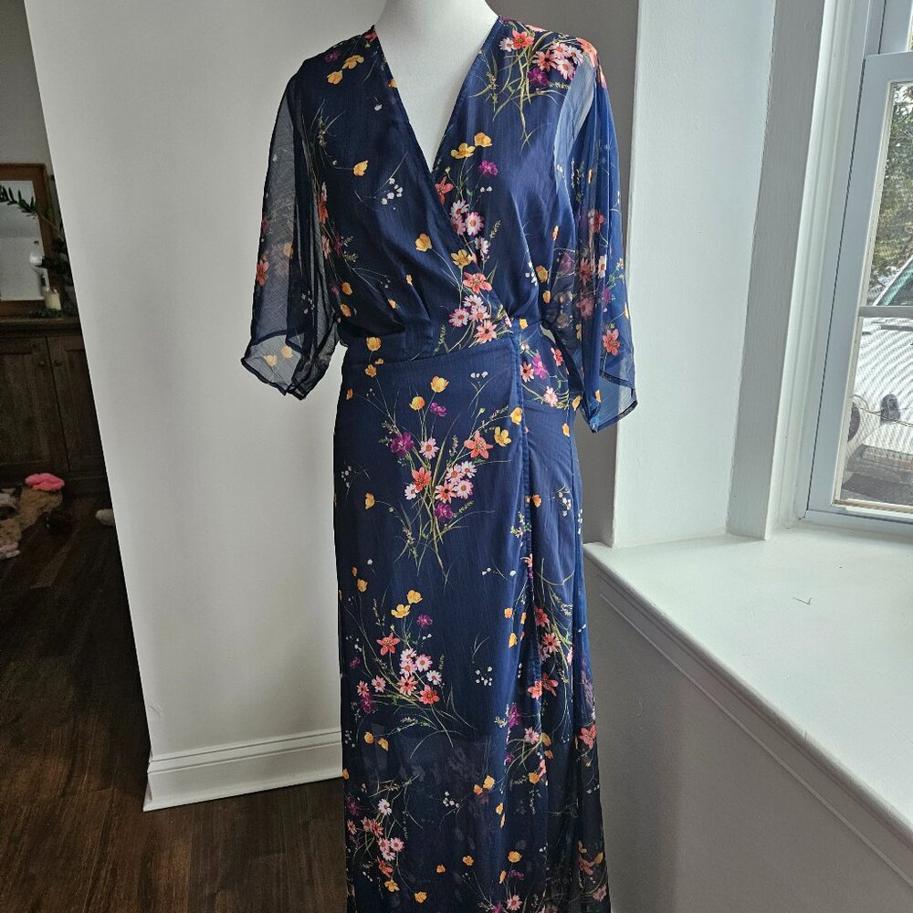 Floral Maxi Wrap Dress with Flutter Sleeve, Sheer Navy, Size M